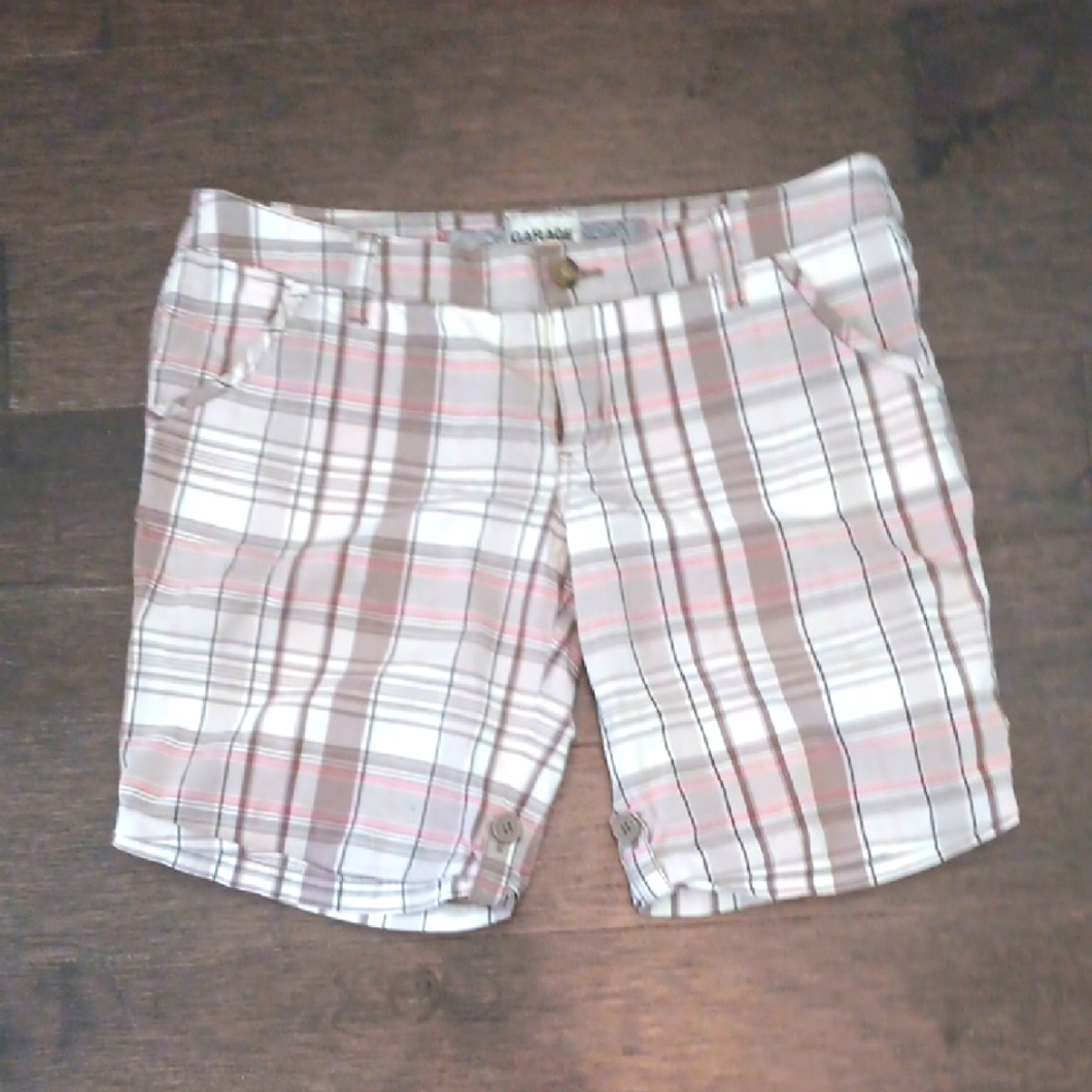 % Garage Tan and White Plaid Bermuda Shorts